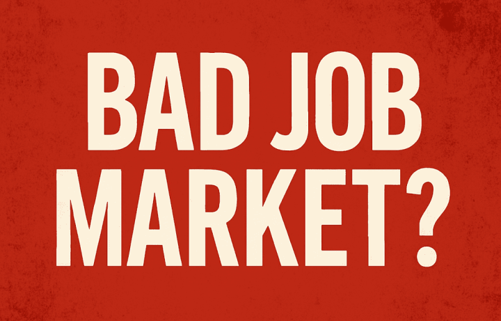 Is the Job Market Really that Bad? Yes, and it may take Years to Recover. 1 Bold white text reading 'bad job market? ' centered on a distressed red background, conveying economic uncertainty and job market challenges in 2025