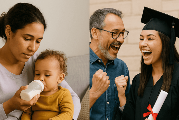 The job Market has Changed in these 3 Key Ways – And how Anxious Parents can Help 4 Mother caring for her young child on the left, and father celebrating his daughter graduating college on the right.